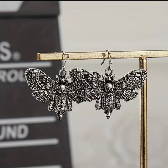 Silver Skull Moth Drop Earrings - Picture 5 of 15